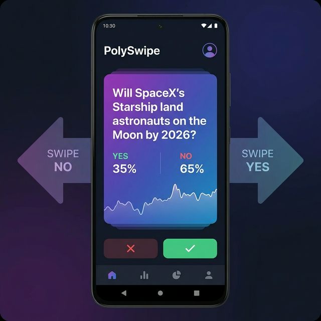 PolySwipe app showing swipe-to-trade interface for prediction markets