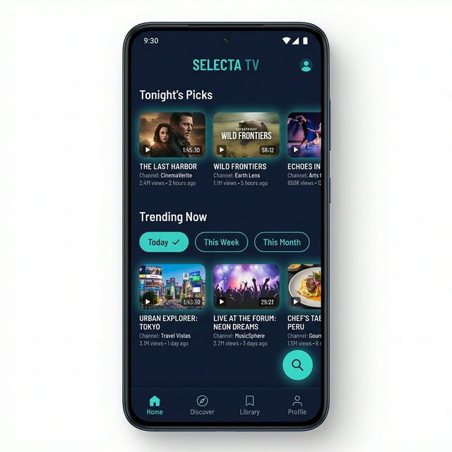 Selecta TV mobile app showing curated video content